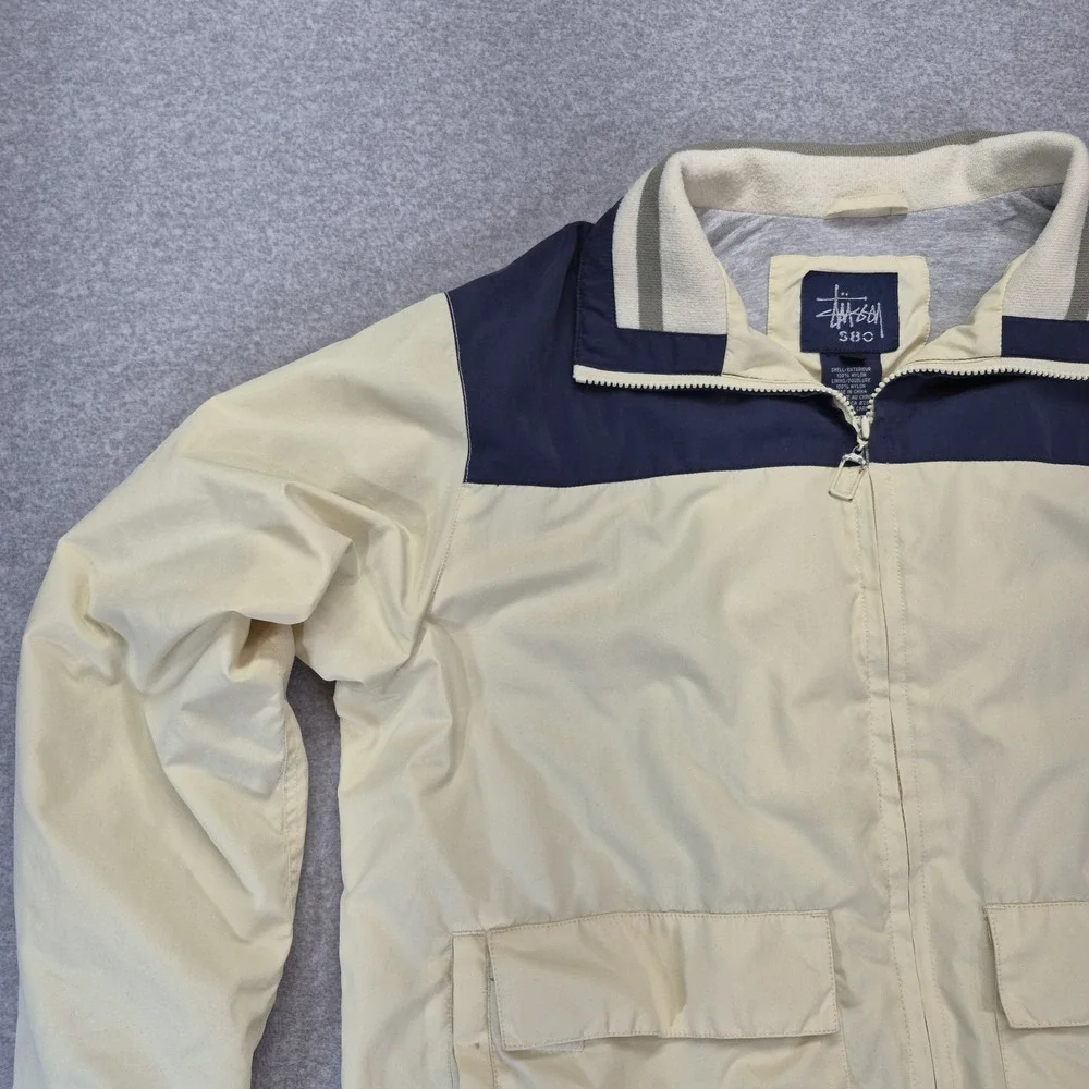 Vintage Stussy 8 Ball Jacket Mens M Cream Navy Color block Y2K Streetwear